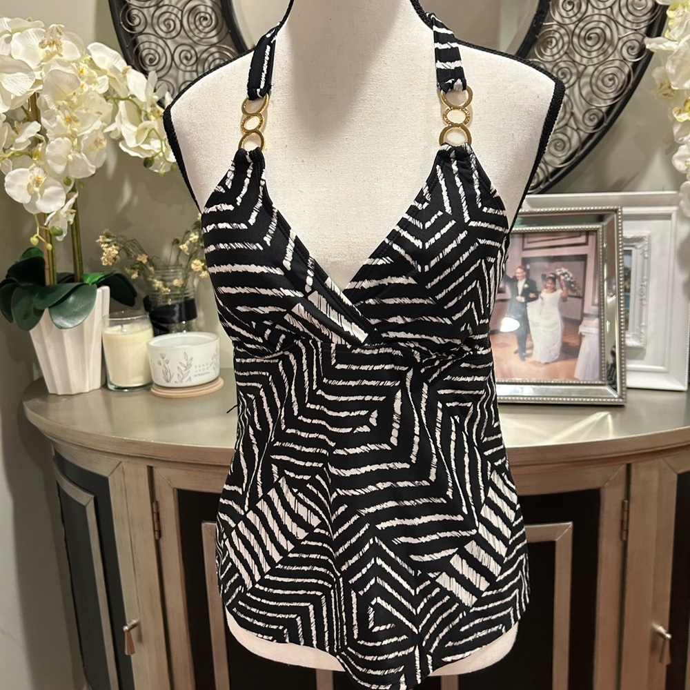 Black & White Halter Tank Top with Gold Ring Detail #228